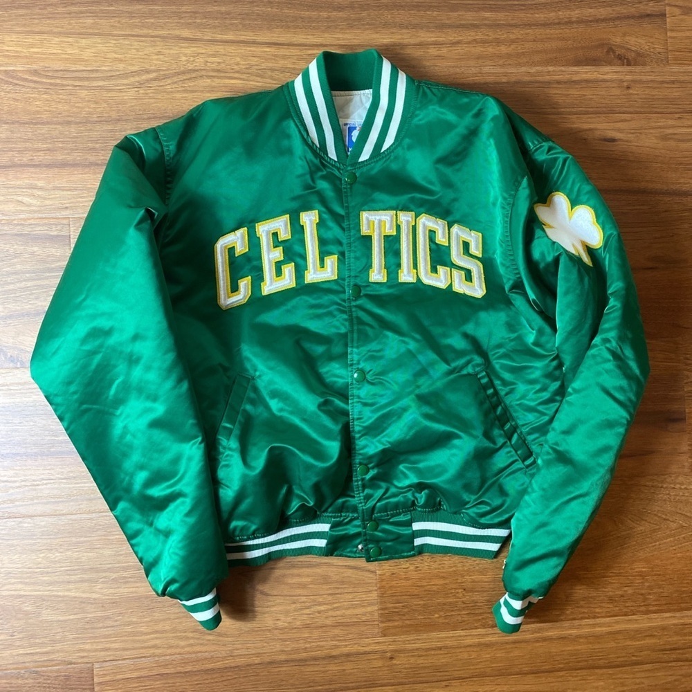 STARTER Green Boston Celtics Satin Bomber Jacket with Yellow & White Trim